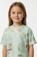 M&S Girls Foil Print Graphic Light Green Crew Neck T Shirt