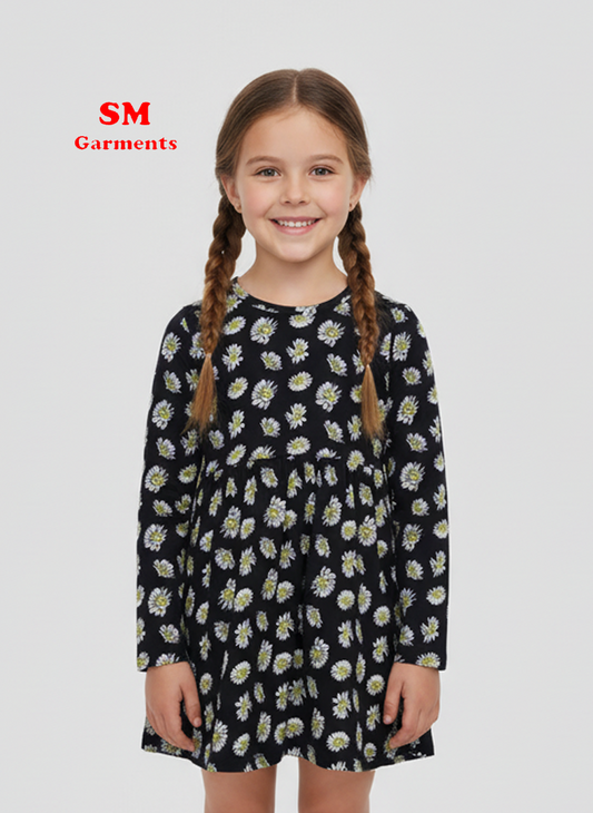 SUNFLOWER PRINTED GIRLS FULL SLEEVES DRESS