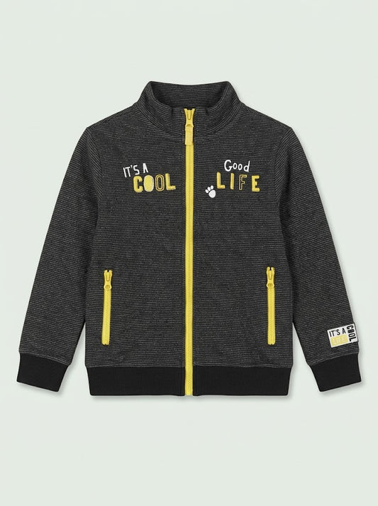 Boys Dark Grey Full-Zip Track Jacket with Yellow Zippers and Graphic Print