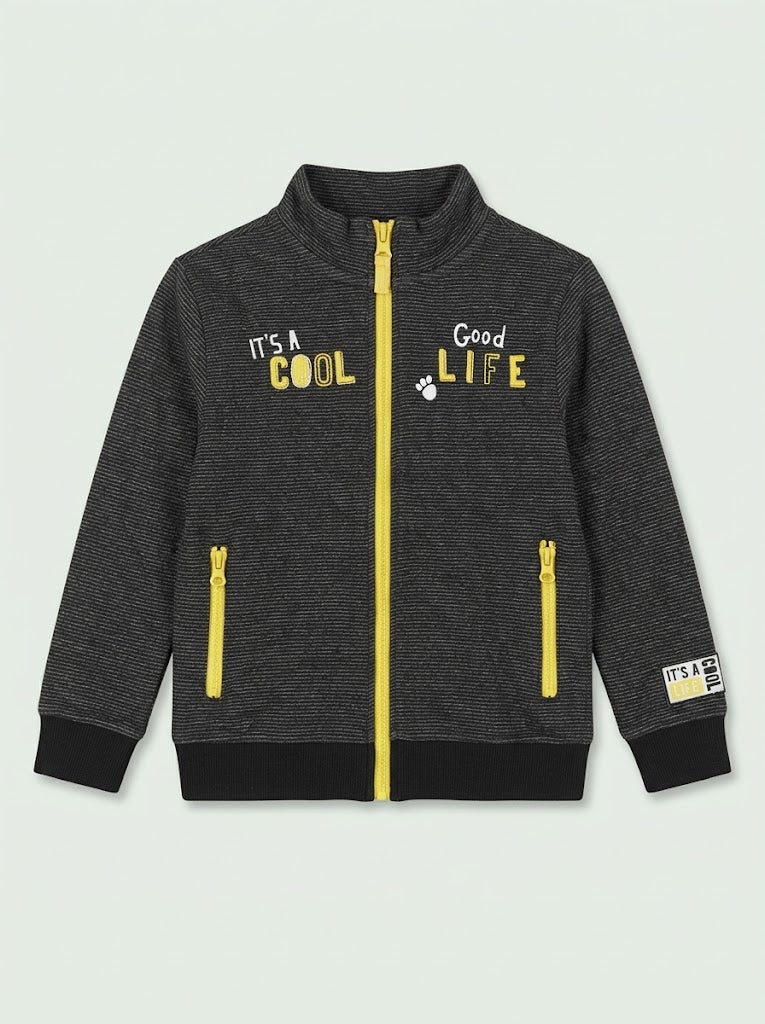 Boys Dark Grey Full-Zip Track Jacket with Yellow Zippers and Graphic Print