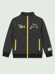 Boys Dark Grey Full-Zip Track Jacket with Yellow Zippers and Graphic Print