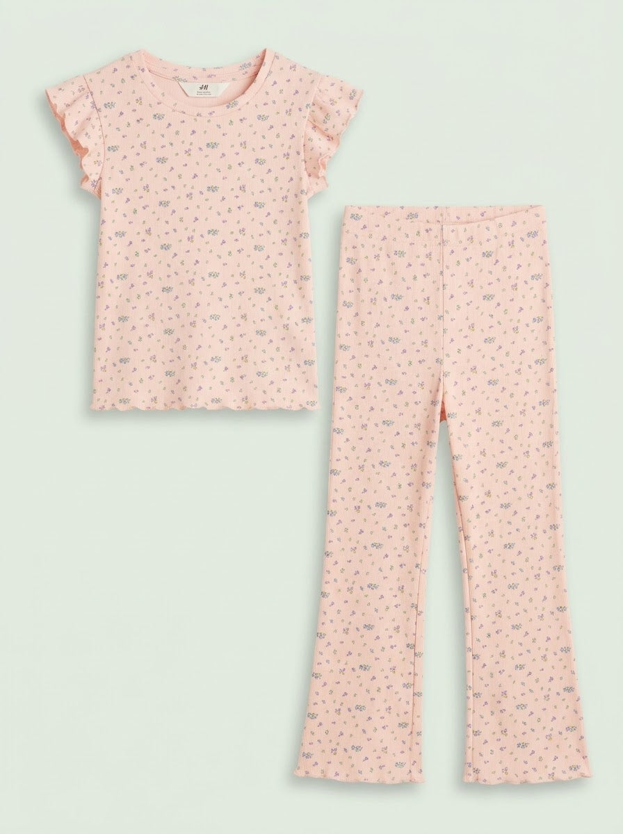 Girls' 2-Piece Pink Floral Flutter-Sleeve Top and Flare Pants Set| SM GARMENTS