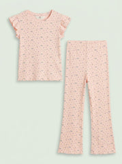 Girls' 2-Piece Pink Floral Flutter-Sleeve Top and Flare Pants Set| SM GARMENTS