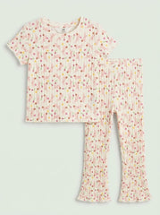 HM Girls' 2-Piece Cream Bunny and Floral Short-Sleeve Top and Flare Pants Set| SM GARMENTS