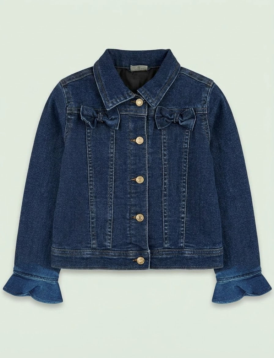 Girls BRANDED ' Dark Wash Denim Jacket with Bow Details and Ruffled Cuffs