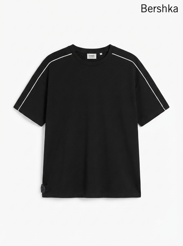 BERSHKA Black White Lines Stich Oversized T-Shirt