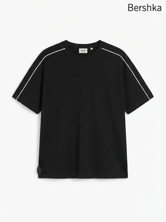 BERSHKA Black White Lines Stich Oversized T-Shirt