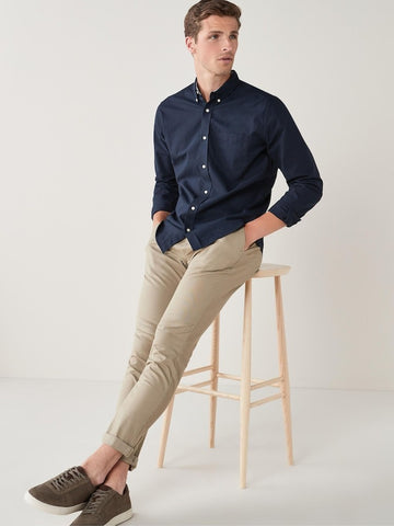 NXT MENS Navy Blue Regular Fit Long Sleeve Oxford Shirt