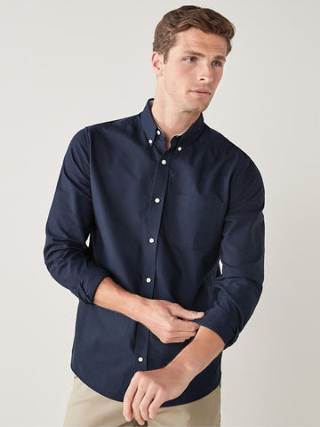 NXT MENS Navy Blue Regular Fit Long Sleeve Oxford Shirt