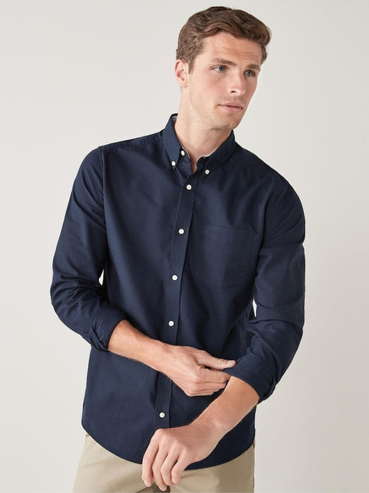 NXT MENS Navy Blue Regular Fit Long Sleeve Oxford Shirt