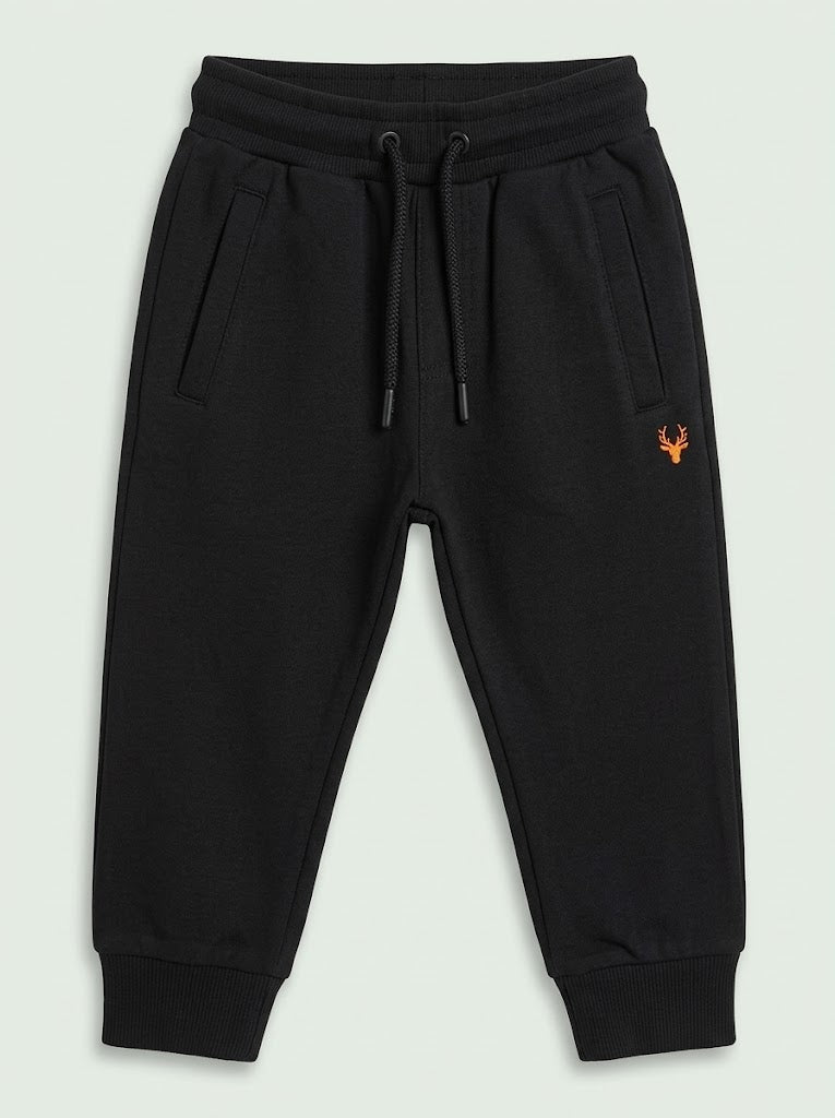 Boys Black Casual Jogger Pants with Orange Deer Embroidery and Drawstring Waist