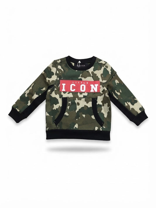 Boys' Camouflage Printed Sweatshirt – "Little Icon" Graphic Pullover