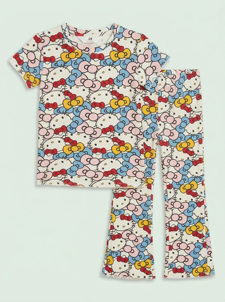 HM Girls' 2-Piece Cartoon Cat Print Short-Sleeve Top and Flare Pants Set| SM GARMENTS