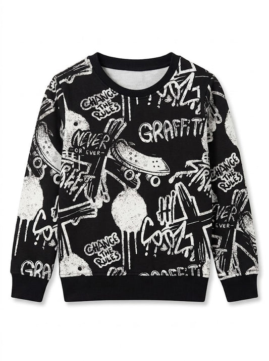 Boys' Long-Sleeve All-Over Graffiti Print Sweatshirt – Black & White Urban Crewneck Pullover