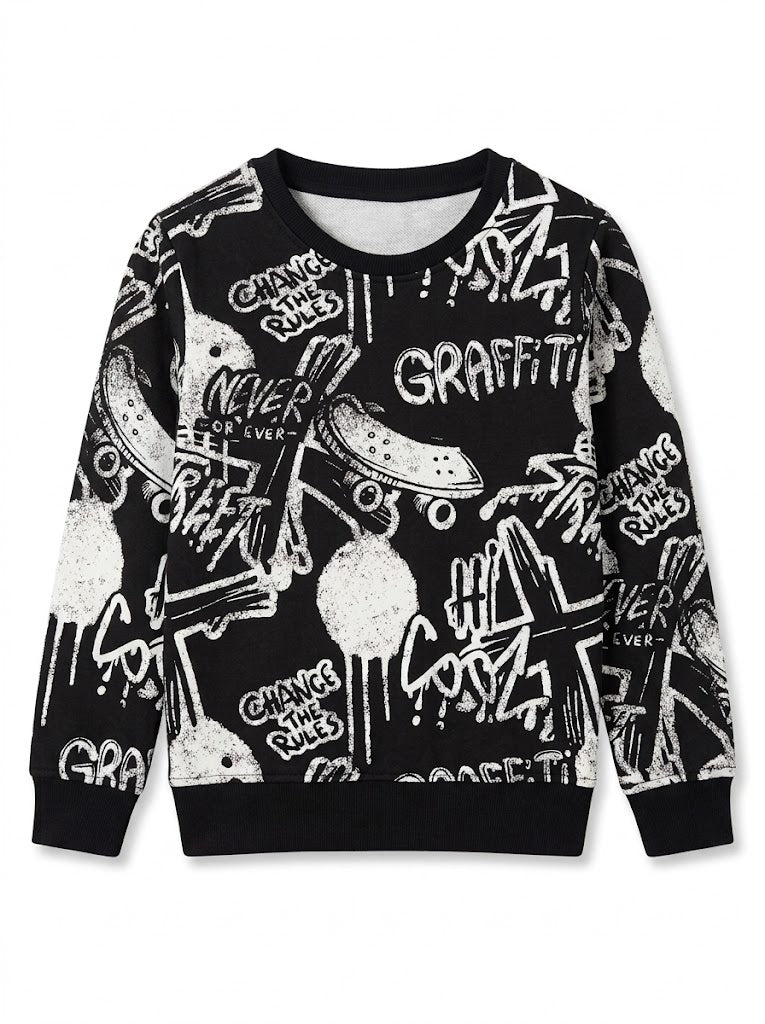 Boys' Long-Sleeve All-Over Graffiti Print Sweatshirt – Black & White Urban Crewneck Pullover