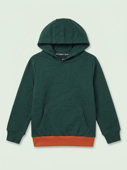 Kids Dark Green Casual Pullover Hoodie with Contrast Orange Hem
