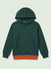 Kids Dark Green Casual Pullover Hoodie with Contrast Orange Hem