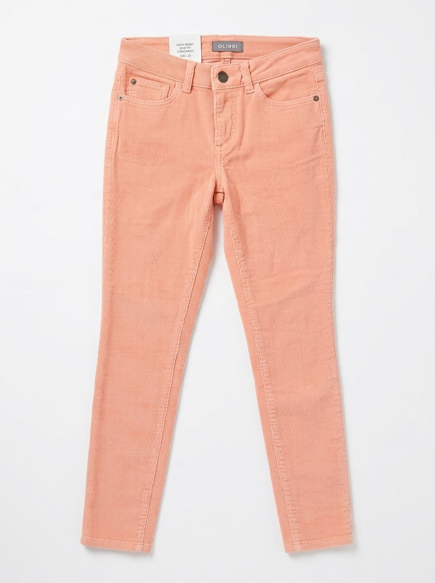 DL Girls' Soft Peach Coral High-Waist Stretch Corduroy Slim Fit Pants| SM GARMENTS