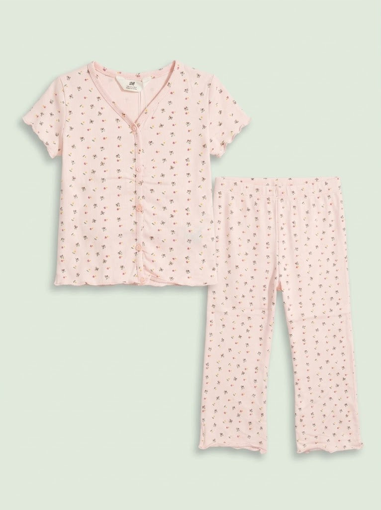 HM Girls' 2-Piece Pink Floral Button-Front V-Neck Top and Flare Pants Set| SM GARMENTS