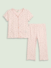 HM Girls' 2-Piece Pink Floral Button-Front V-Neck Top and Flare Pants Set| SM GARMENTS