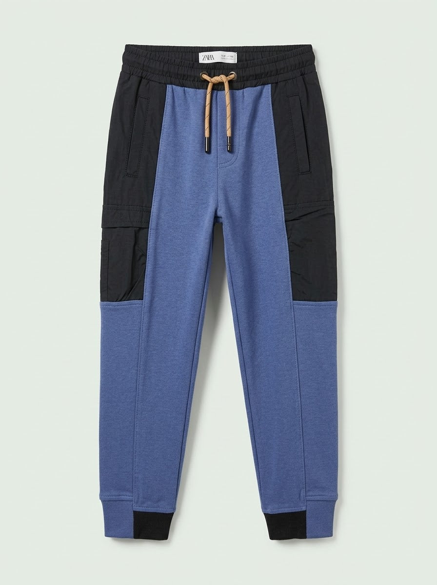Boys BRANDED ' Blue and Black Colorblock Joggers with Drawstring