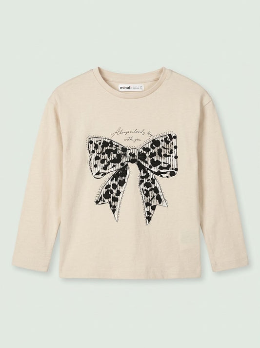 Girls' Casual Cotton-Blend Long-Sleeve Graphic Top with Bow – Beige