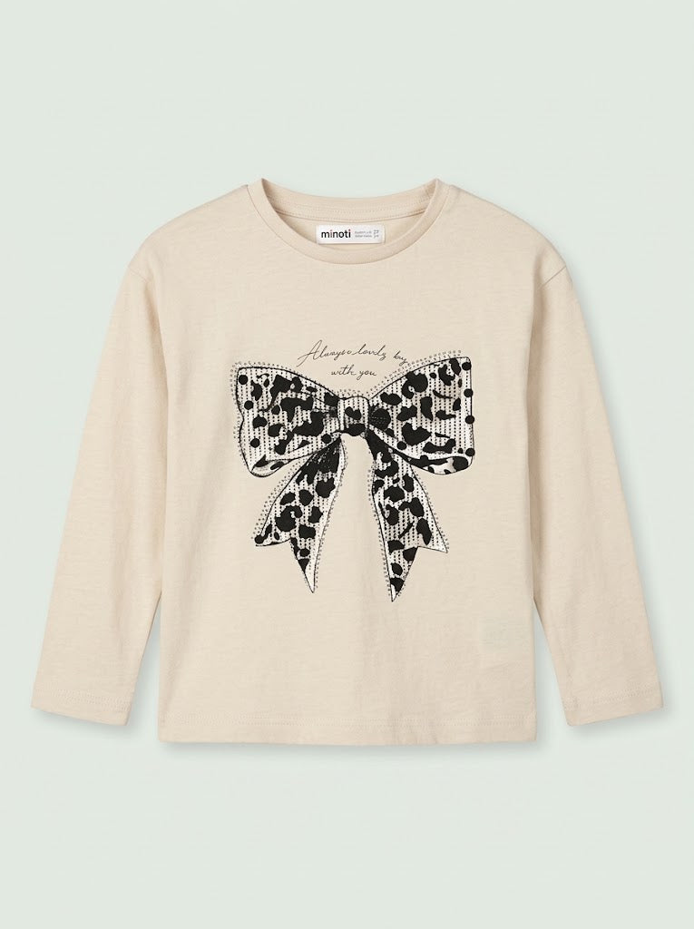 Girls' Casual Cotton-Blend Long-Sleeve Graphic Top with Bow – Beige