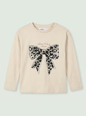 Girls' Casual Cotton-Blend Long-Sleeve Graphic Top with Bow – Beige