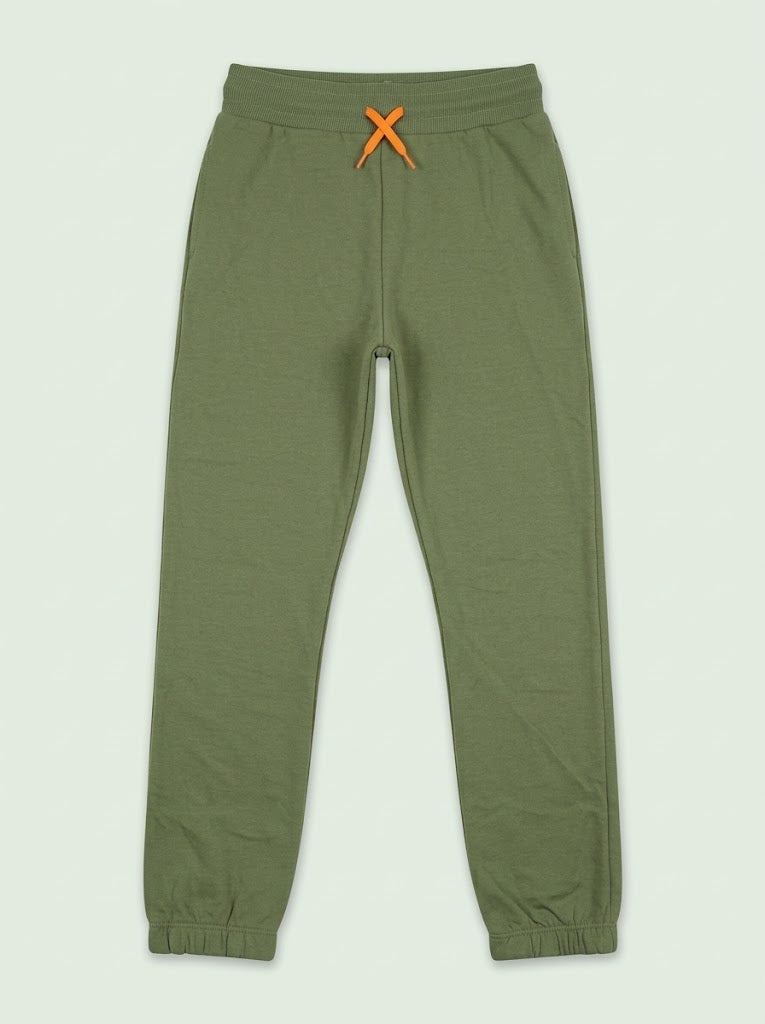 Boys Olive Green Casual Jogger Pants with Contrast Orange Drawstring