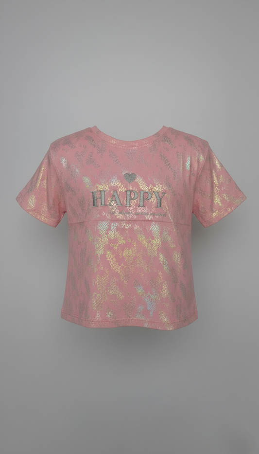 M&S Trendy Girls' Pink Crop Top "HAPPY" Tee with Shimmer & Patterned Texture