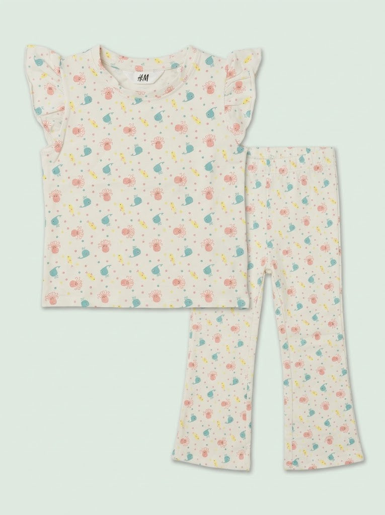 HM Girls' 2-Piece Cream Sea Life Flutter-Sleeve Top and Flare Pants Set| SM GARMENTS