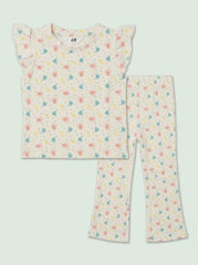 HM Girls' 2-Piece Cream Sea Life Flutter-Sleeve Top and Flare Pants Set| SM GARMENTS