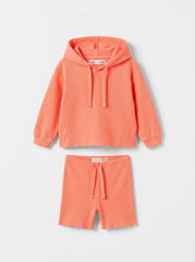 Girls Branded Coral Ribbed Knit Long-Sleeve Hoodie & Matching Shorts Set| SM GARMENTS
