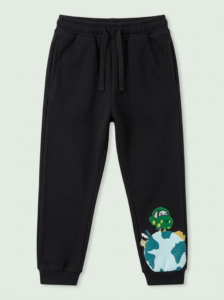Boys Black Graphic Jogger Pants with Earth and Dinosaur Print