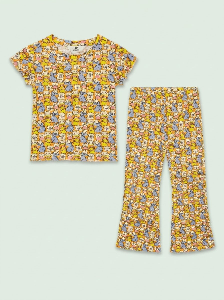 Girls' 2-Piece Cartoon Graphic Short-Sleeve Top and Flare Pants Set| SM GARMENTS