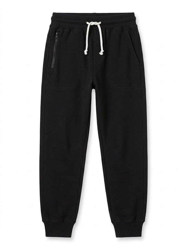 Boys Branded Solid Black Drawstring Fleece Jogger Pants with Zipper Pocket| SM GARMENTS