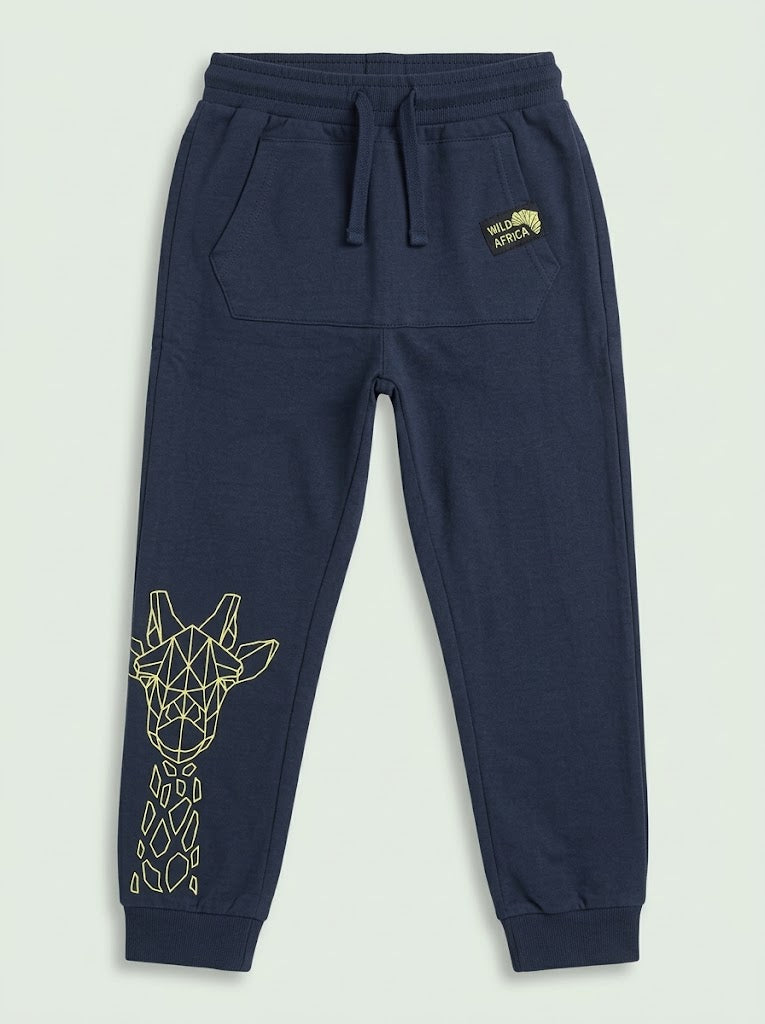 Boys Navy Blue Jogger Pants with Geometric Giraffe Graphic and Drawstring Waist