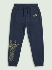 Boys Navy Blue Jogger Pants with Geometric Giraffe Graphic and Drawstring Waist
