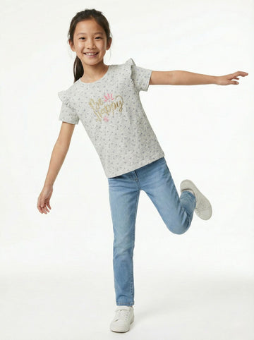 NAME IT Girls Floral Embroided Text Printed Tee