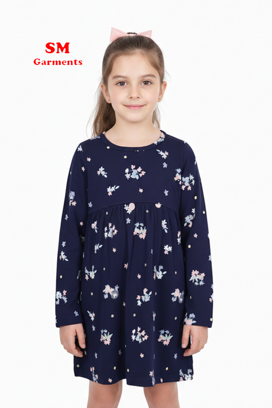 Versace Kids Girls Navy Floral Long Sleeve Dress