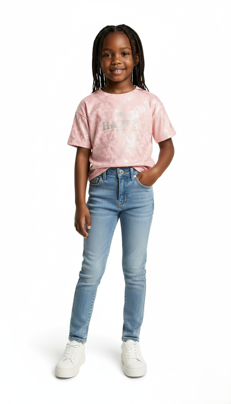 M&S Trendy Girls' Pink Crop Top "HAPPY" Tee with Shimmer & Patterned Texture