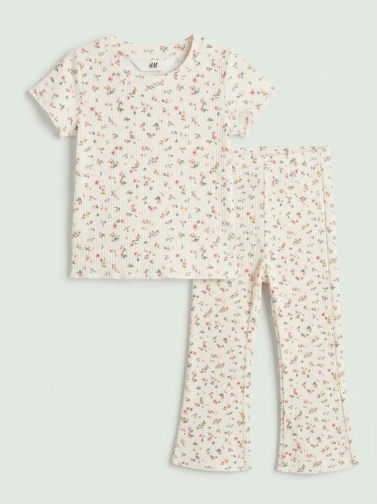 HM Girls' 2-Piece Cream Pink Floral Short-Sleeve Top and Flare Pants Set| SM GARMENTS