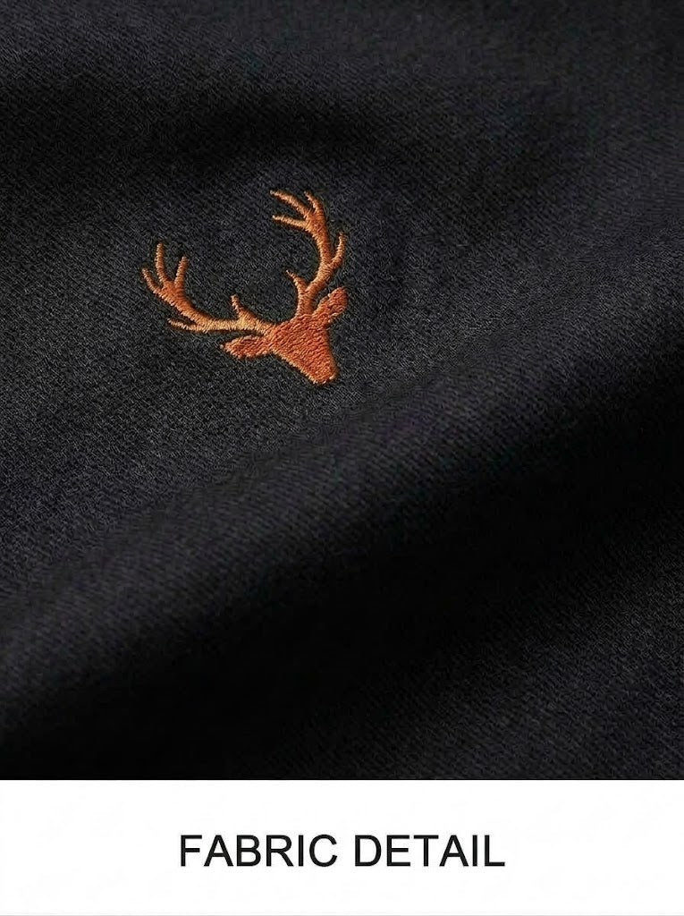 Boys Black Casual Jogger Pants with Orange Deer Embroidery and Drawstring Waist