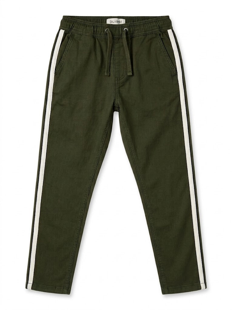 DL Boys Olive Green Side Stripe Stretch Twill Elastic Drawstring Trousers