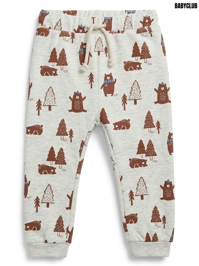 Baby Club Boys Grey Heather Winter Bear & Pine Tree Print Drawstring Fleece Jogger Pants| SM GARMENTS
