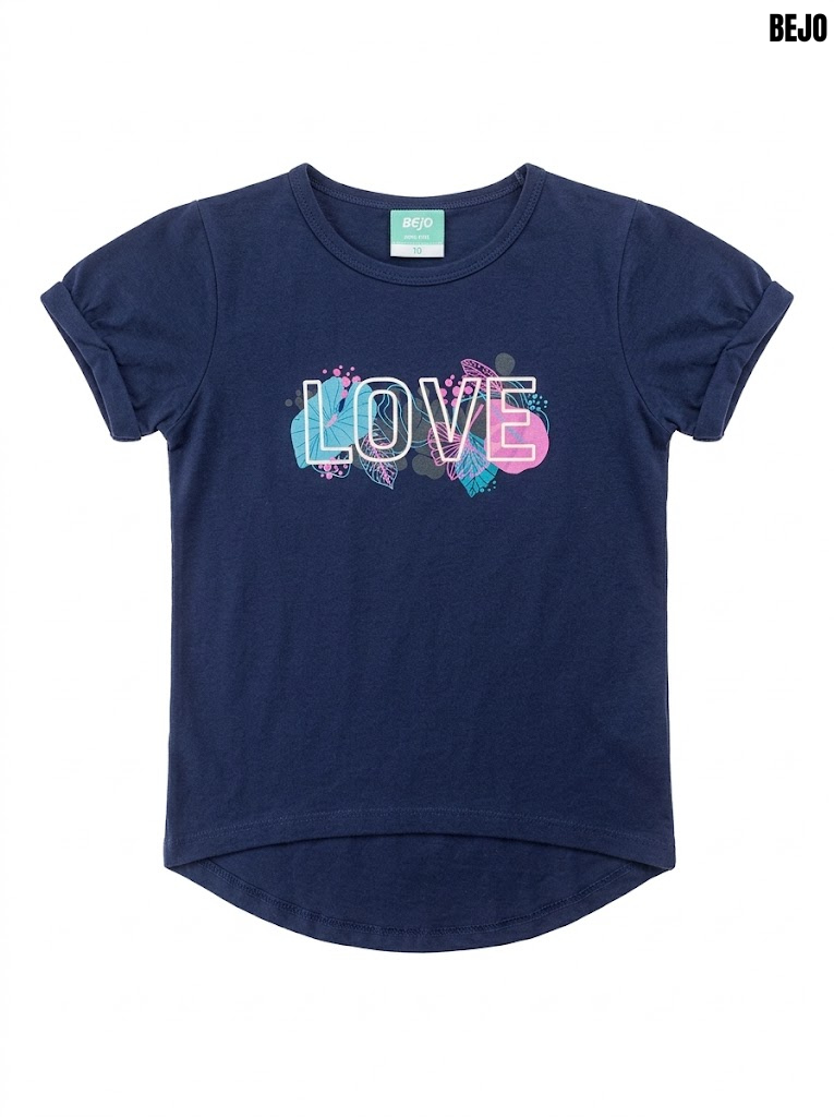 BEJO Girls Navy Blue LOVE Floral Graphic Cuffed High-Low T-Shirt| SM GARMENTS