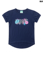 BEJO Girls Navy Blue LOVE Floral Graphic Cuffed High-Low T-Shirt| SM GARMENTS