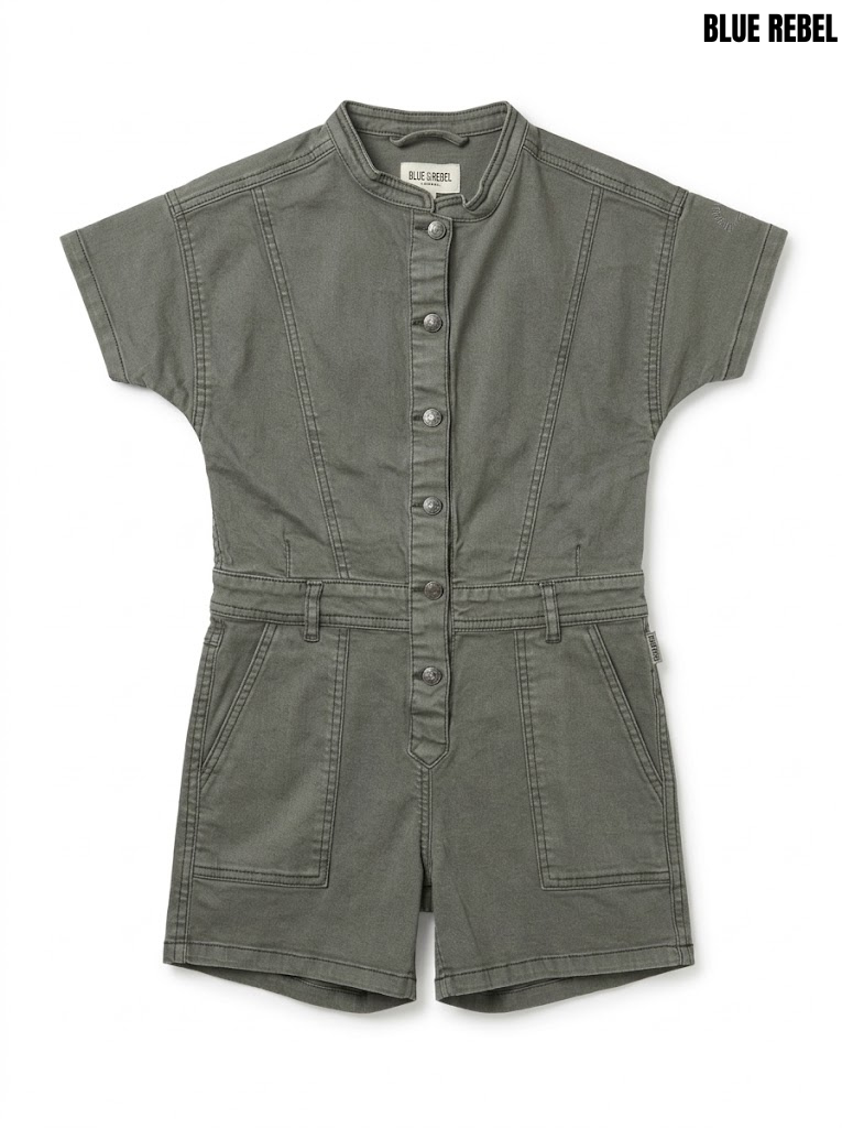 Blue Rebel Girls Charcoal black Short-Sleeve Cotton Utility Romper Playsuit| SM GARMENTS