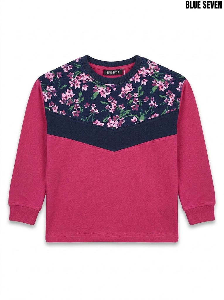 Blue seven Girls Magenta Pink & Navy Floral Chevron Crewneck Sweatshirt| SM GARMENTS