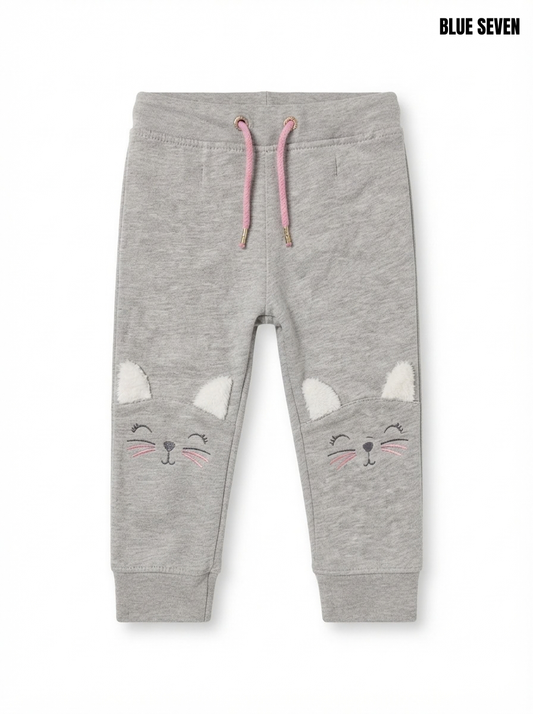 Girls' Cat Face Knee Patch Fleece Jogger Pants - Heather Grey